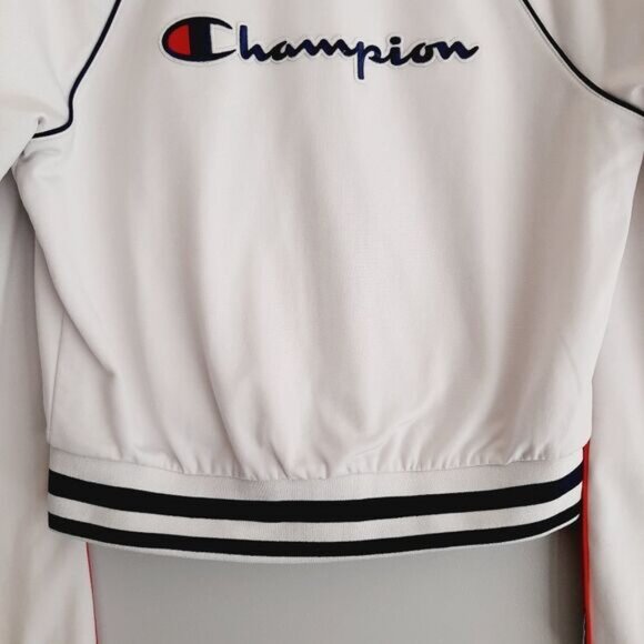 CHAMPION Retro Style Full Zip Athletic Track Jacket White w/ Logo Sz S Flawed - Picture 11 of 15